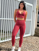 Conjunto Zoe Grid Calça Legging Alta Compressão+Cropped Detalhes Argolinha em Poliamida