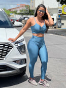 Conjunto Sculpt Cirré Metalic Calça Legging Alta Compressão+Cropped em Poliamida