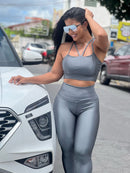 Conjunto Helen Cirré Metalic Calça Legging Alta Compressão+Cropped em Poliamida