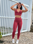 Conjunto Zoe Grid Calça Legging Alta Compressão+Cropped Detalhes Argolinha em Poliamida