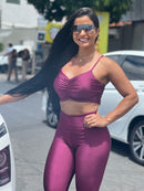Conjunto Sculpt Cirré Metalic Calça Legging Alta Compressão+Cropped em Poliamida